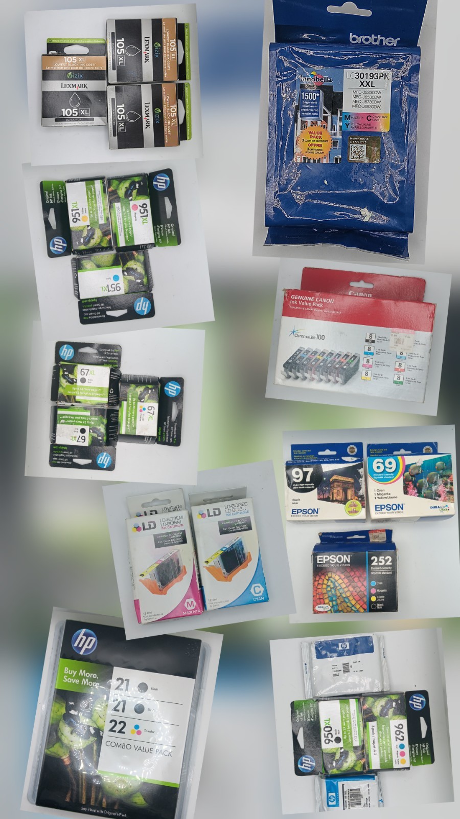 MIX Expired UNOPENED INK CARTRIDGES FOR PRINTERS ONE LOT OF 21 TOTAL