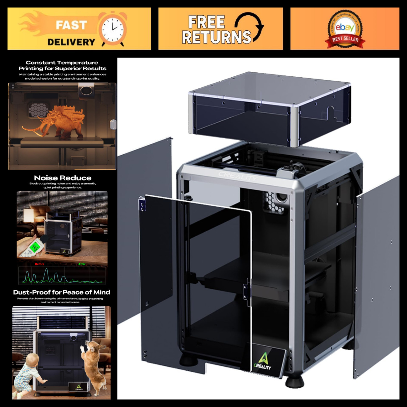 Transparent PC Enclosure for 3D Printer, Dustproof Tent, Noise Reduction, Consta