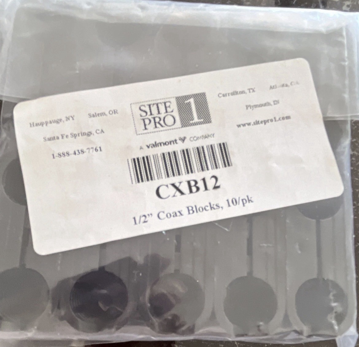 SitePro1 CXB12 1/2" Coax Cable Blocks, 1:1 Connection, Black, 10 Pack