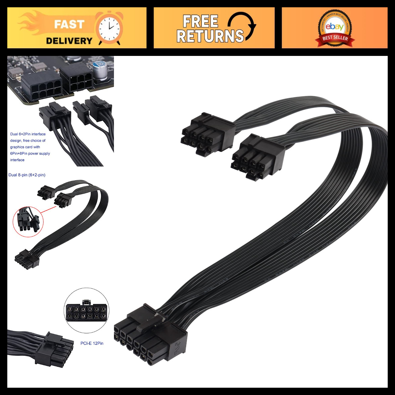 12-Pin to Dual 8-Pin (6+2) PCI-E Graphics Card Power Cable Y-Splitter 12.6