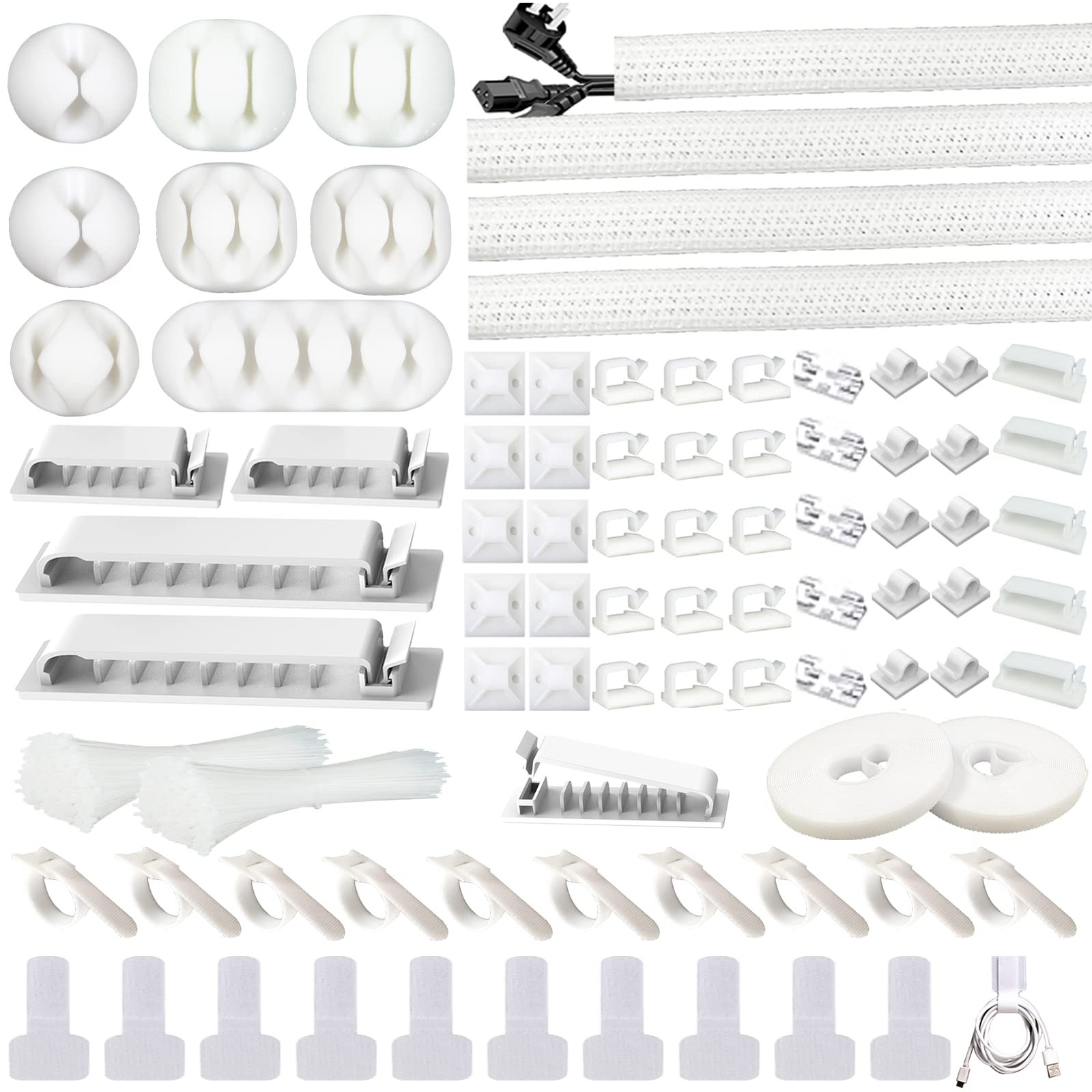 White Cable Management Organizer Kit 4 Cable Sleeve Split 311Pcs