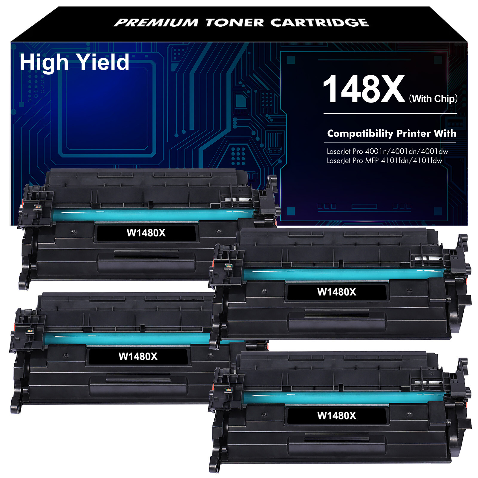 1-4 High Yield Black Toner (WITH CHIP) For HP 148X W1480X LaserJet Pro 4001 4101