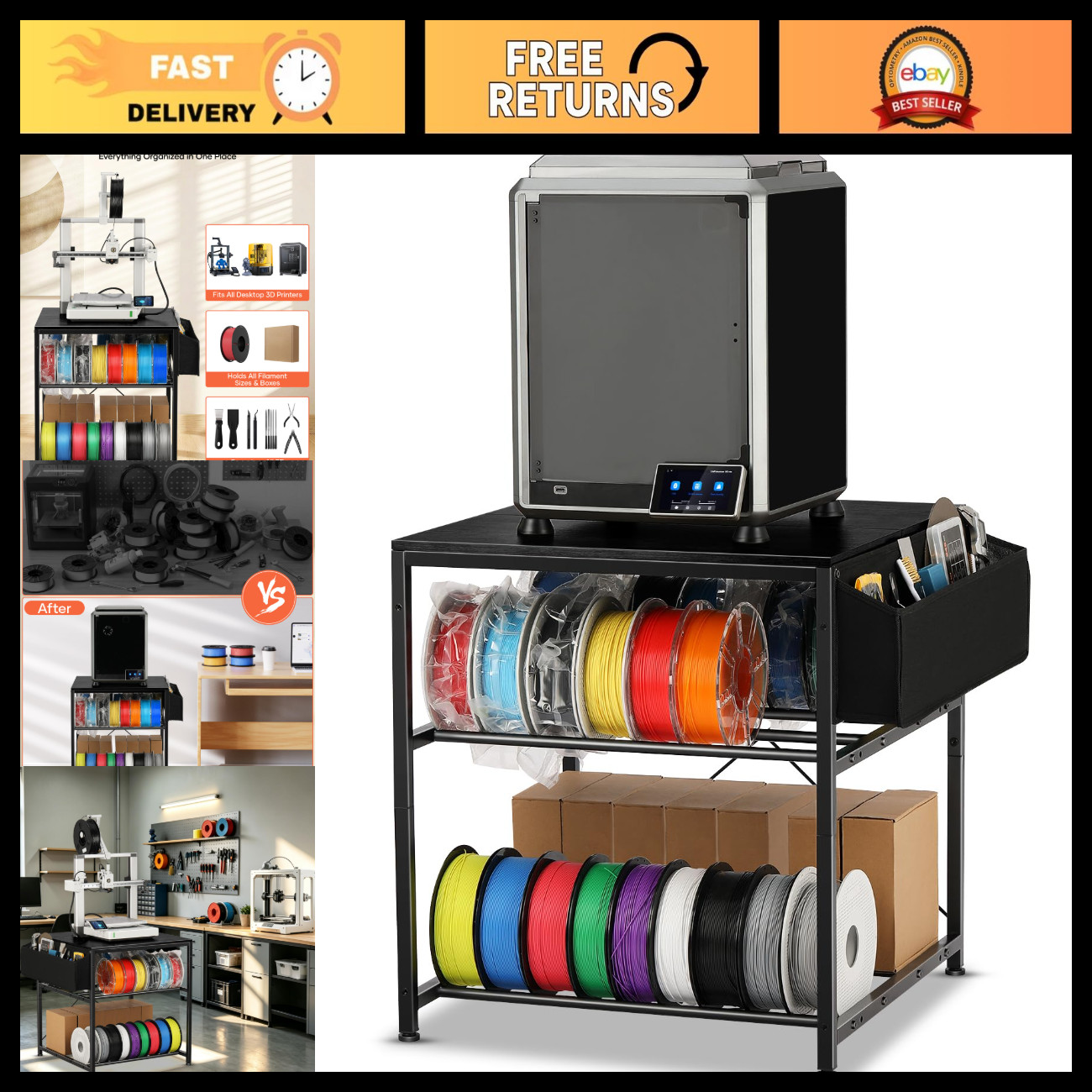 3D Printer Stand with Filament Storage, 3-Tier Organizer, 23.7"x23.7"x24.5