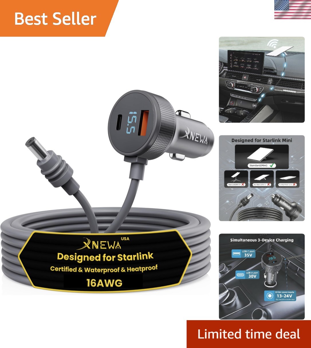 Starlink Mini Car Adapter 3M Waterproof Power Cable for All Vehicles - 12V-48V