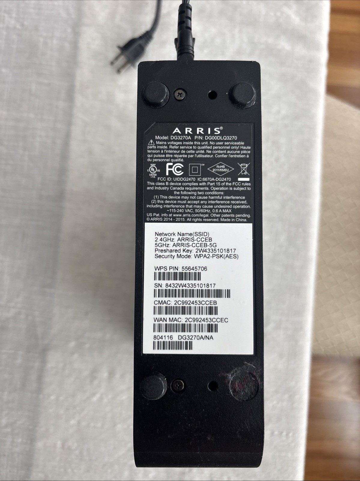 ARRIS DG3270A DOCSIS 3.0 Cable Modem Dual Band Wi-Fi 2.4 And 5 GHZ- TESTED WORKS