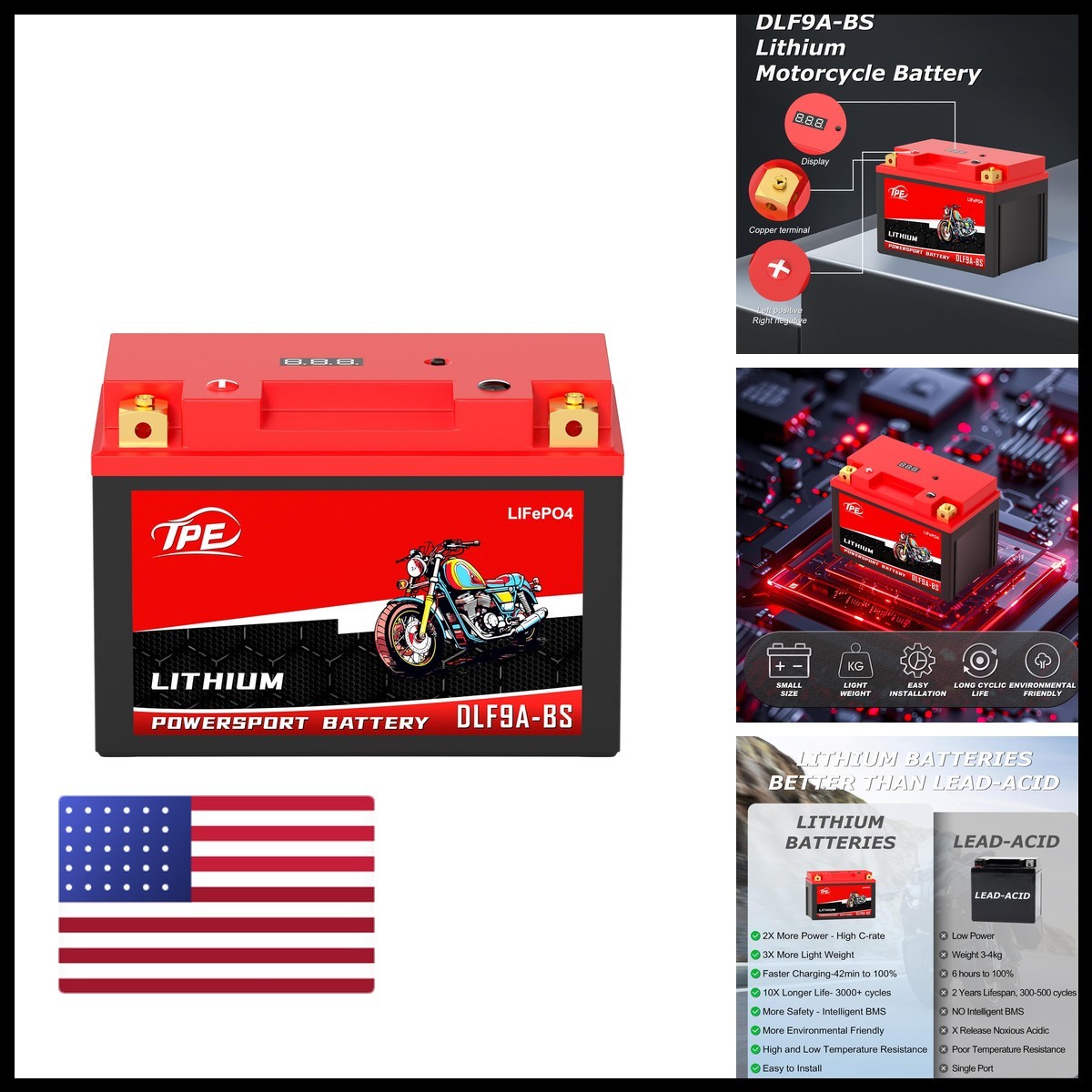TPE Lithium Motorcycle Battery DLFP9A BS 12V 4Ah 400CCA LiFePO4 Smart BMS for