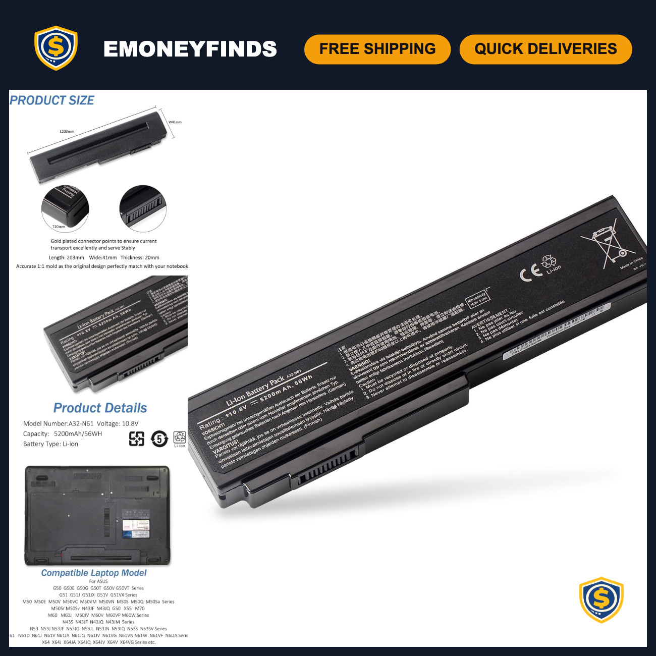High-Capacity 10.8V 5200mAh Battery Replacement for Asus N61 M50 N53 N43 Series