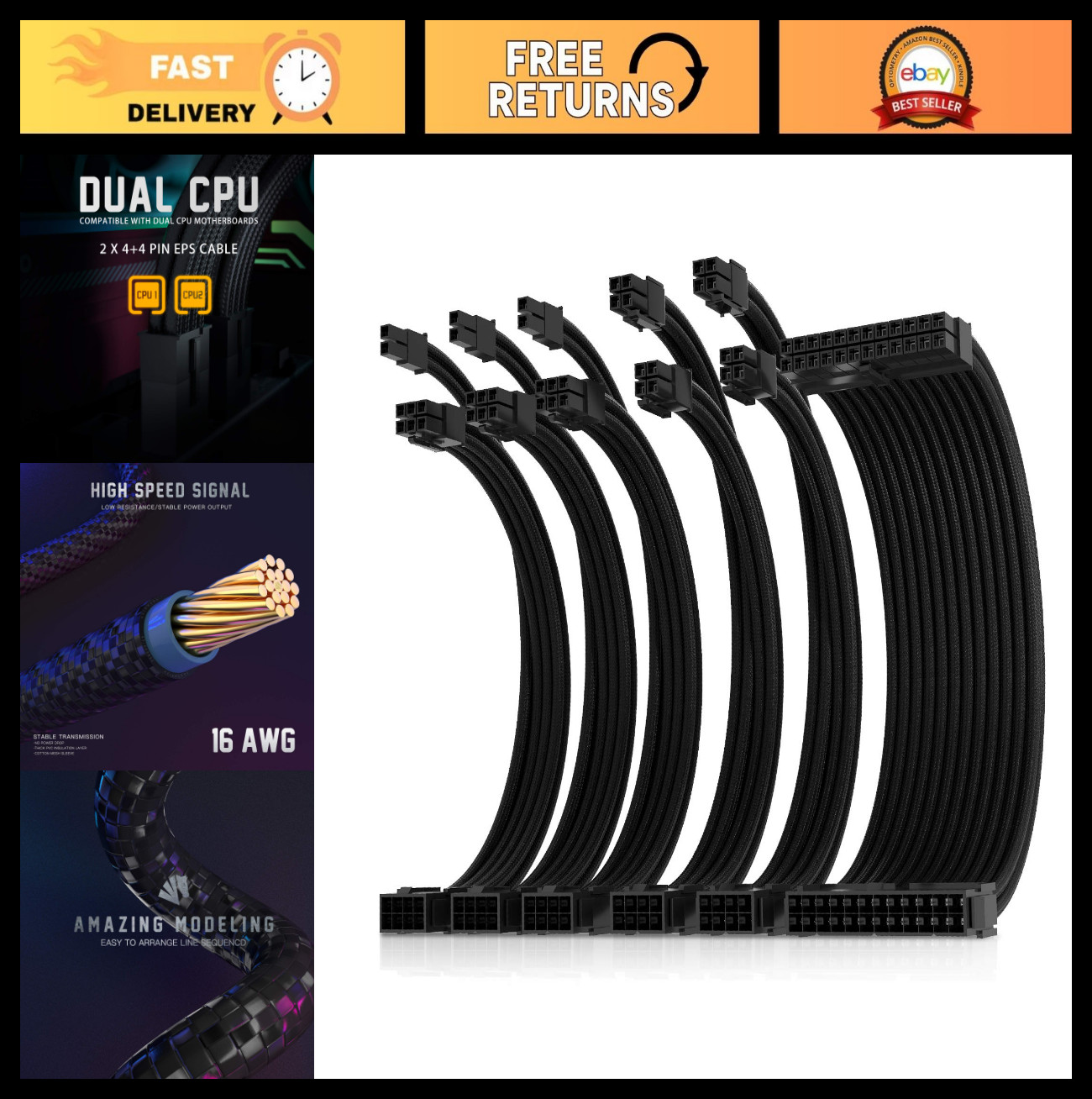 16AWG Pro Power Supply Sleeved Cable Kit - 24-PIN & 8-PIN PCI-E Extensions, 30cm