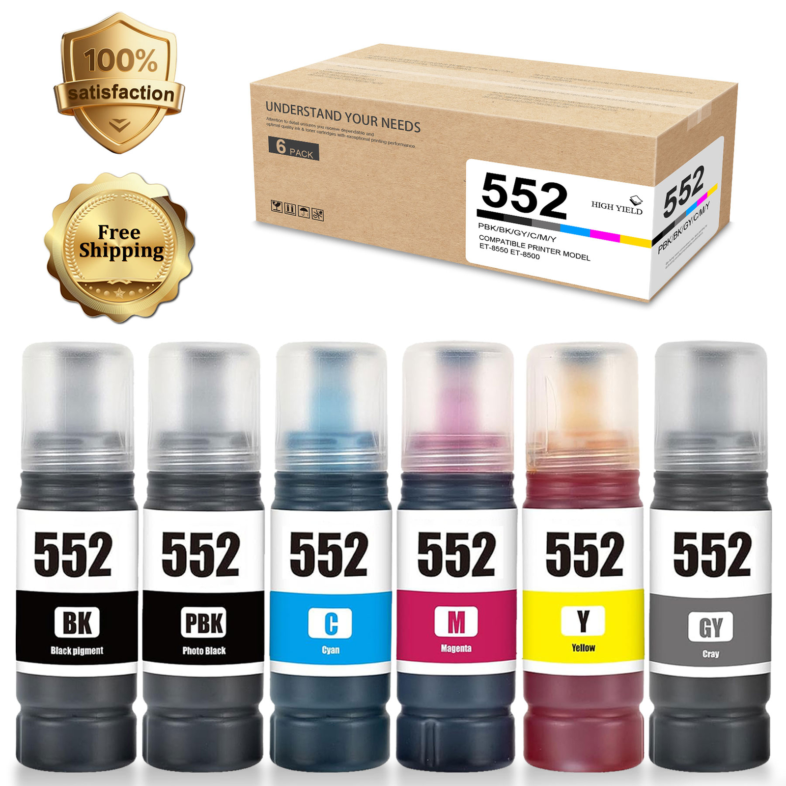6 Pack T552 552 Ink Bottles Compatible for Epson EcoTank ET-8500 ET-8550