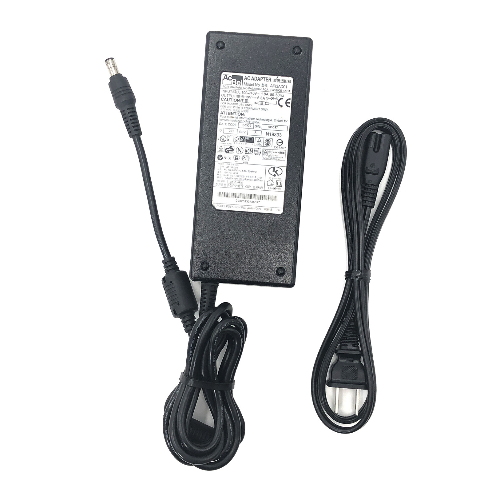 Genuine Acbel API3AD01 Toshiba PA3290E-1ACA PA3290U-1ACA - AC Adapter 19V 6.3A