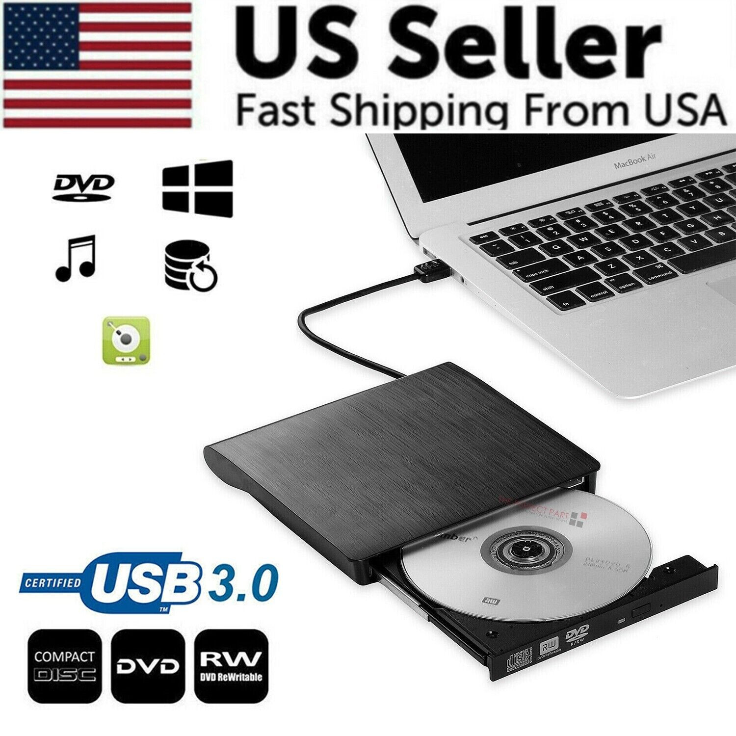 CD DVD RW External Drive USB 3.0 Writer Burner Player Black For Apple & PC