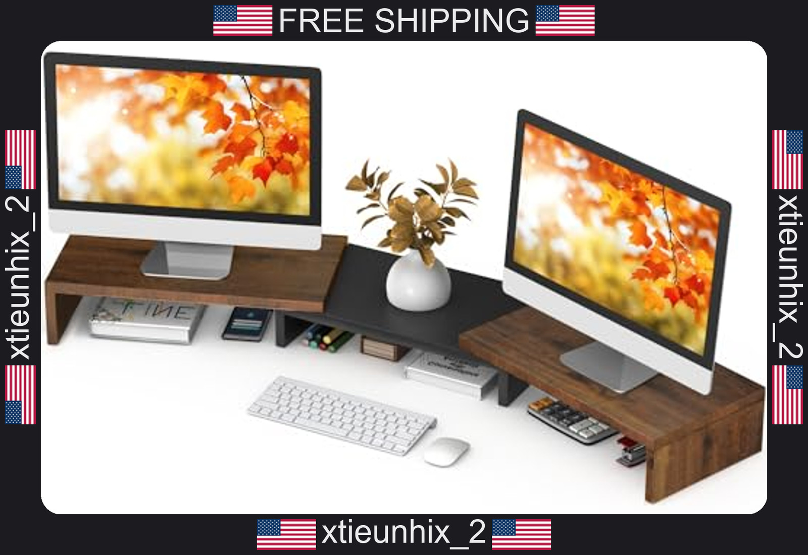 Dual Monitor Stand Riser Wooden Desk Organizer for 2 Monitors