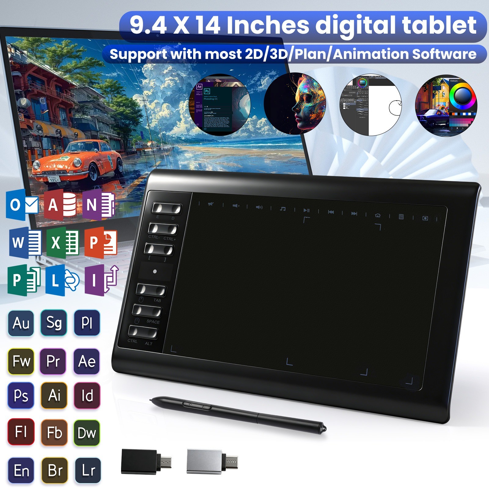 10x6 inch Digital Drawing Tablet Graphics tablet with Battery-free Pen 8192