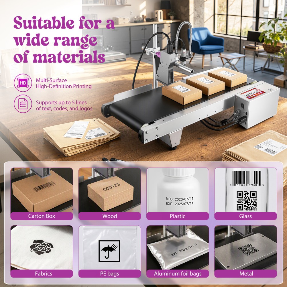 Inkjet Coding Machine with Mini Conveyor Belt for Barcodes QR Codes Logos Labels