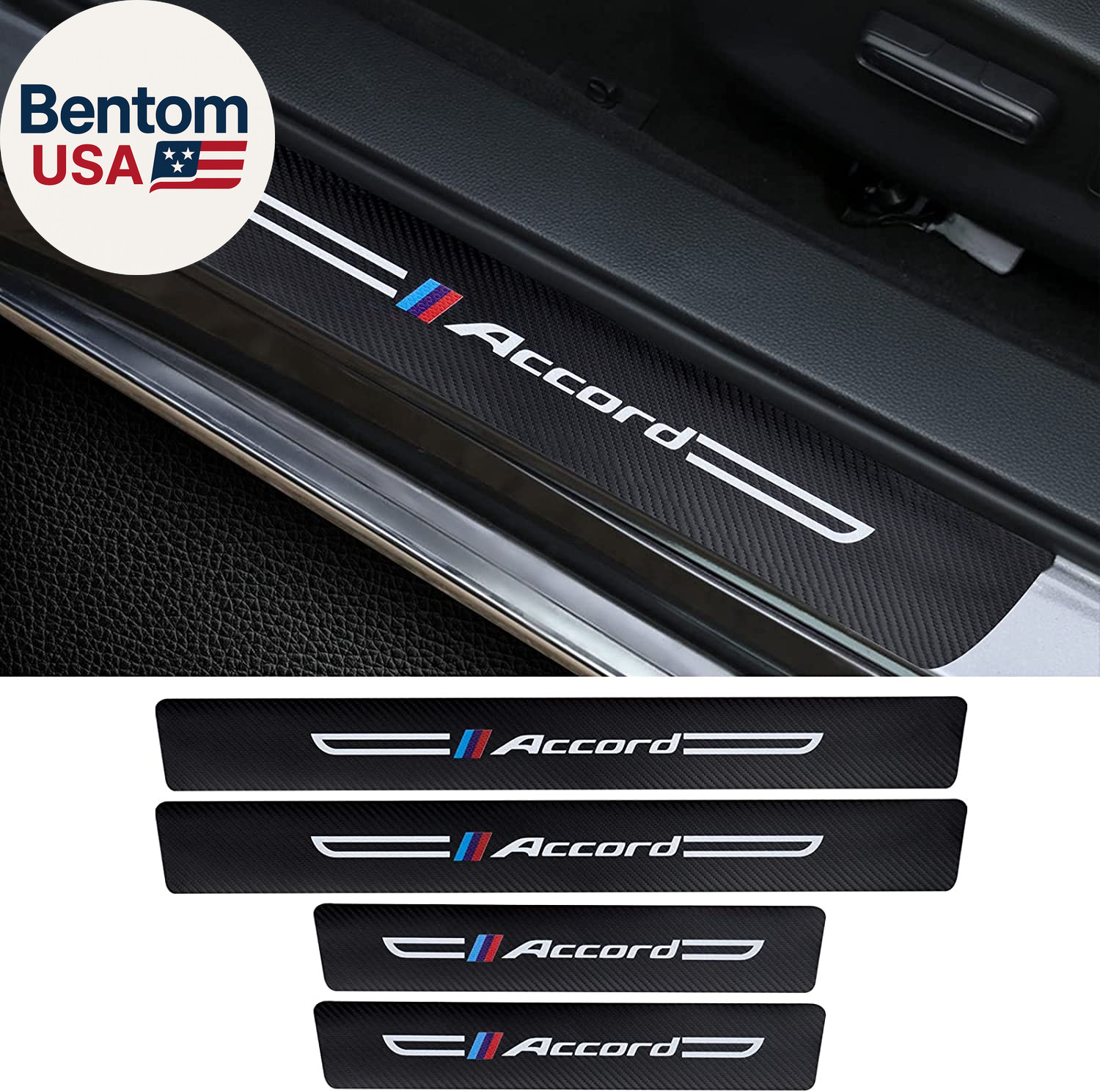 4PCS Carbon Fiber & Textured Leather Car Door Sill Protectors, Compatible with A