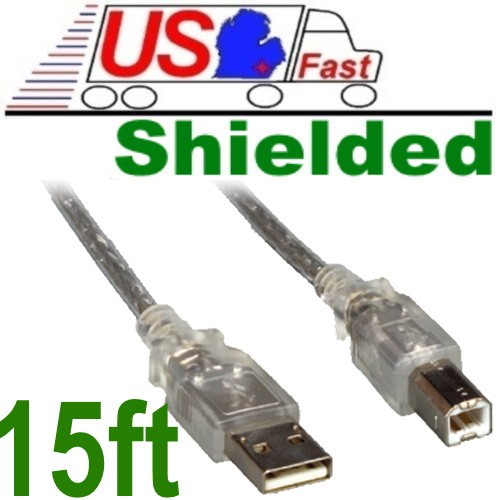 HQ Double Shielded 15ft / Foot AB Hi-Speed USB 2.0 Black Cable Cord Wire {CLEAR