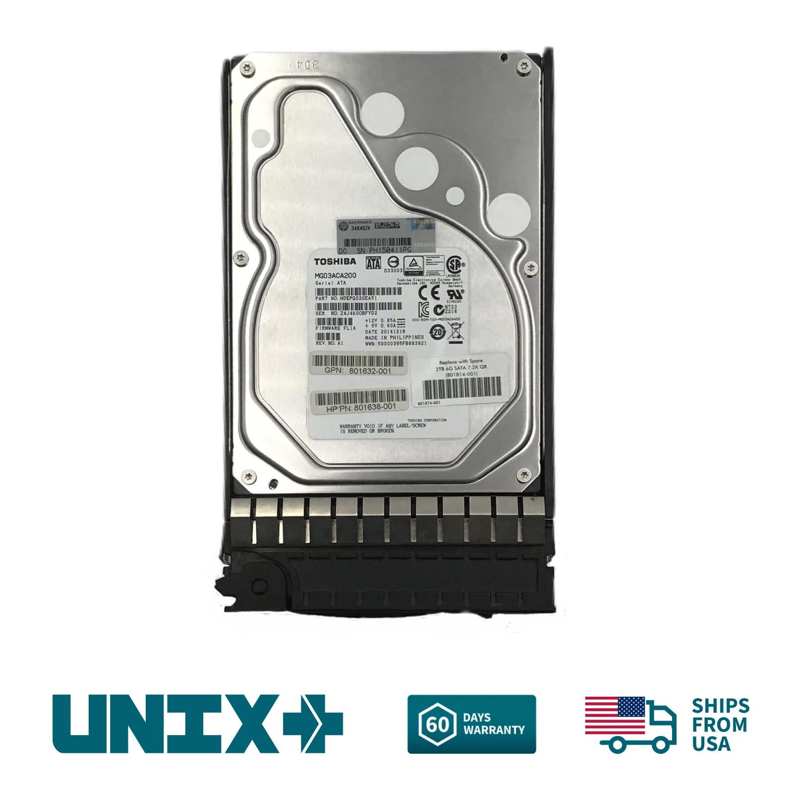 HP 801632-001 2TB SATA 3.5 6Gbps 7.2K RPM Server HD for HP DL360 DL380 G9 G10