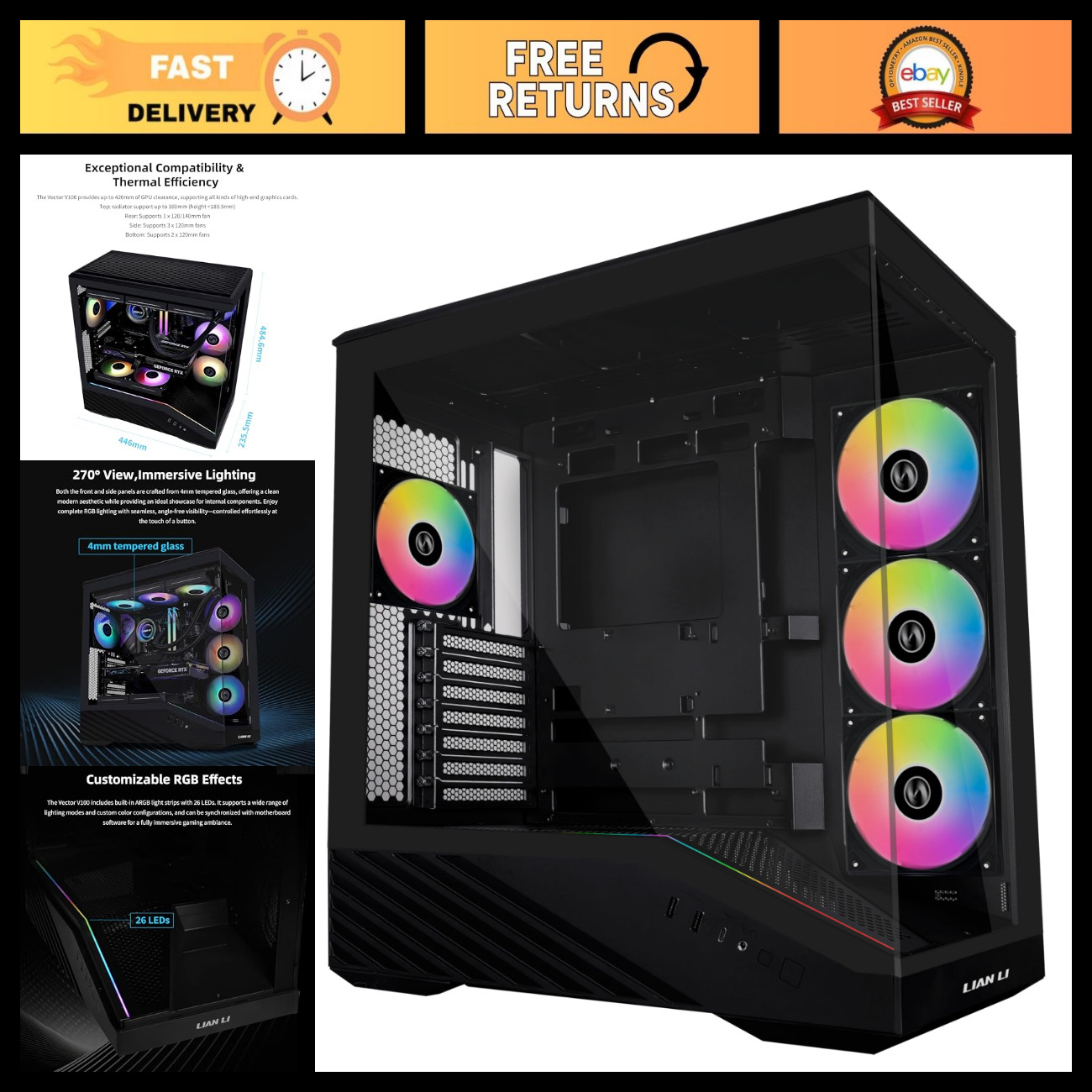 Mid-Tower PC Case ATX - Sleek Black Design, Excellent Cooling, Easy Cable Manage