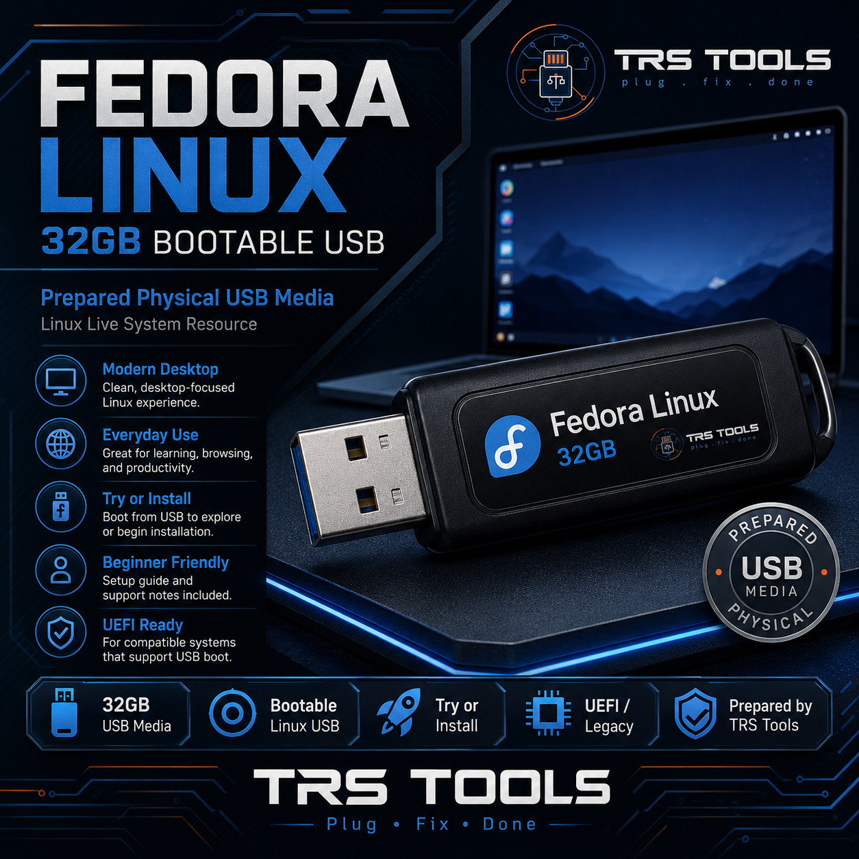 Fedora Linux Bootable USB 32GB Prepared Physical Media