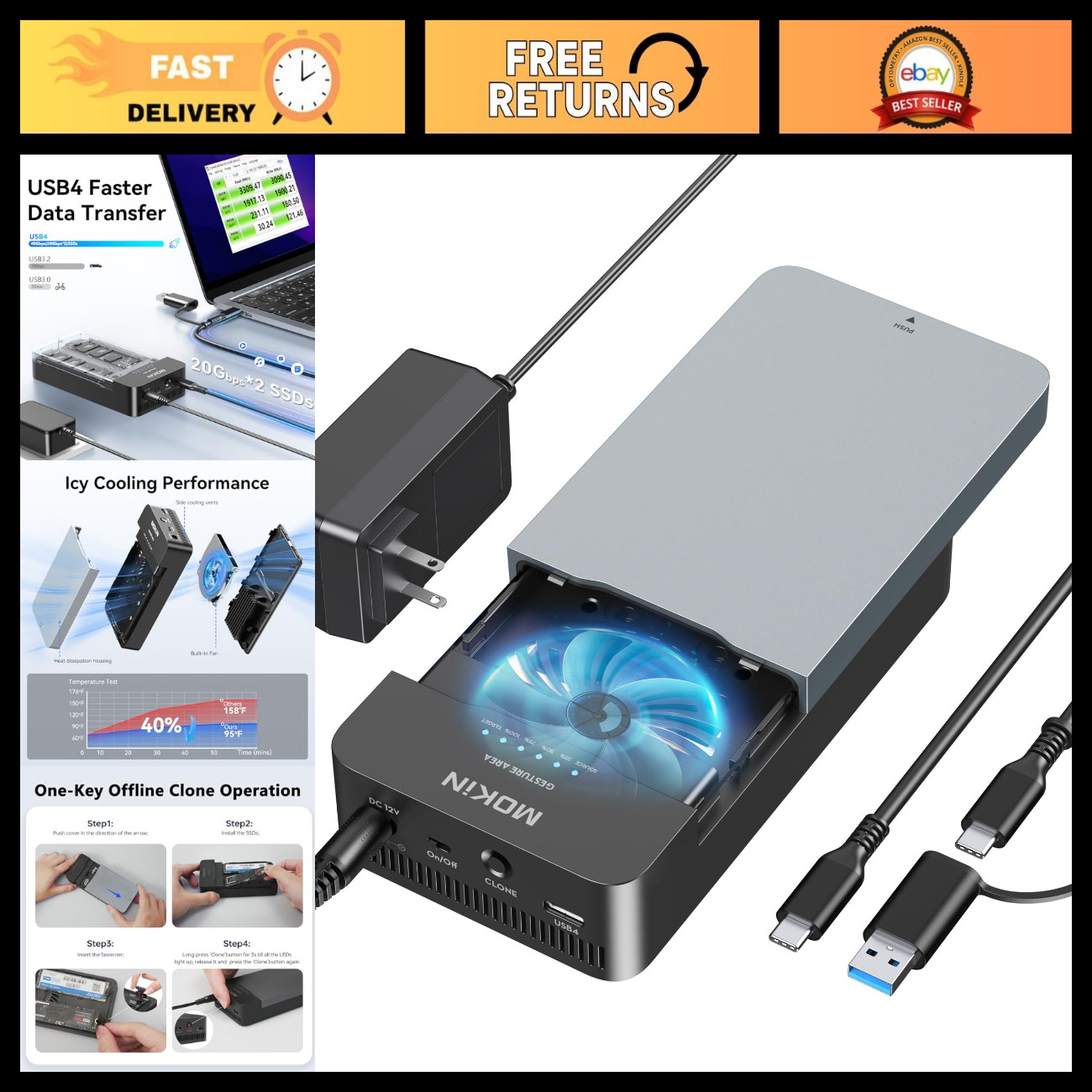40Gbps M.2 NVMe SSD Enclosure Duplicator, USB4 Dual-Bay Storage Solution