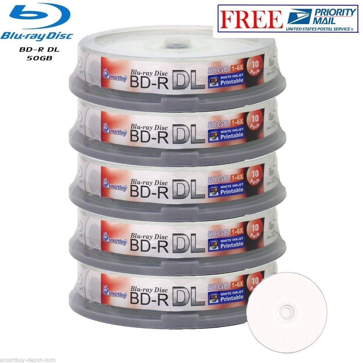 50 Pack SmartBuy Blu-ray BD-R DL Double Dual Layer 6X 50GB Inkjet Printable Disc