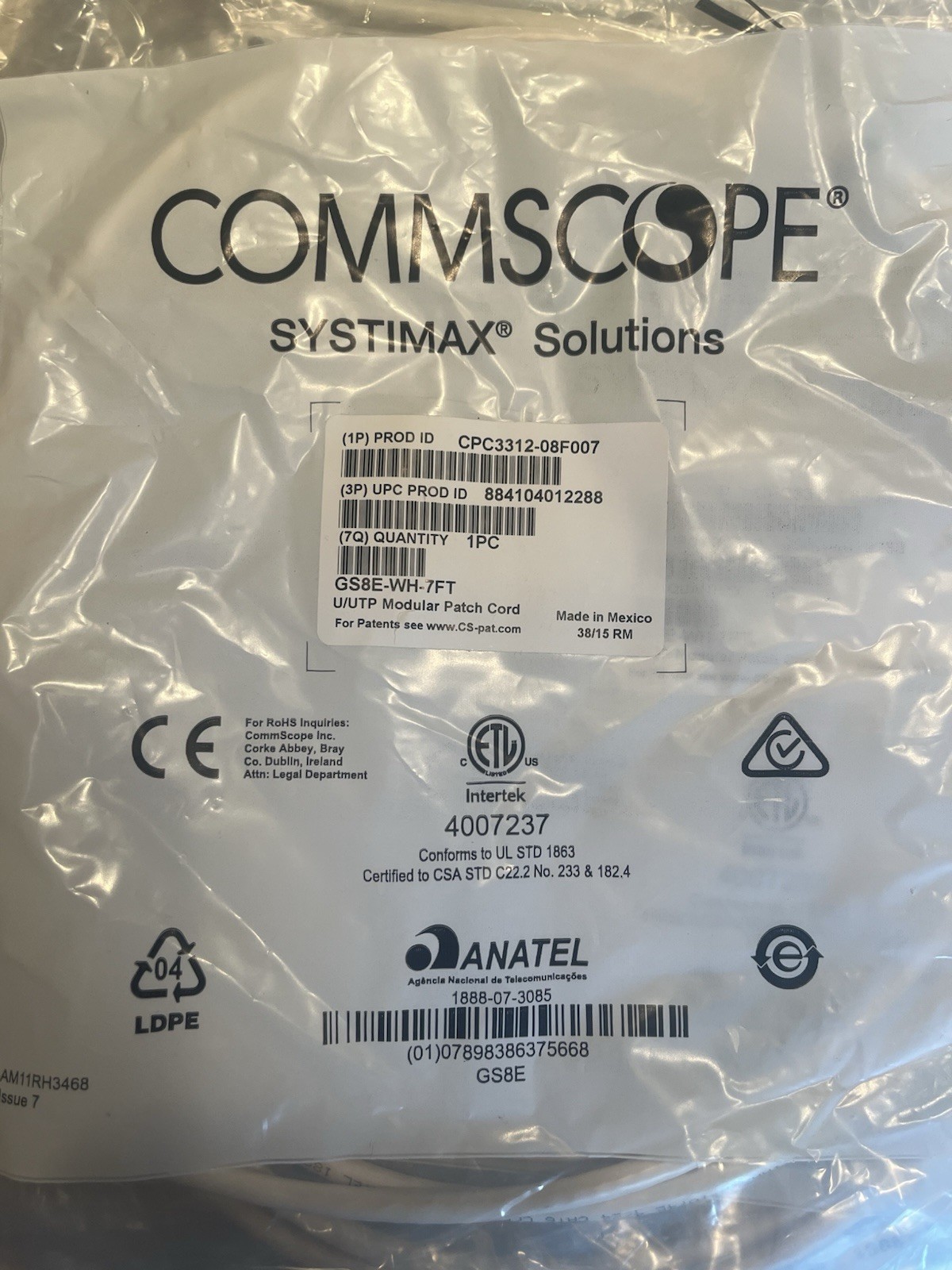 (5pk) Commscope Ethernet Cable 7ft Long