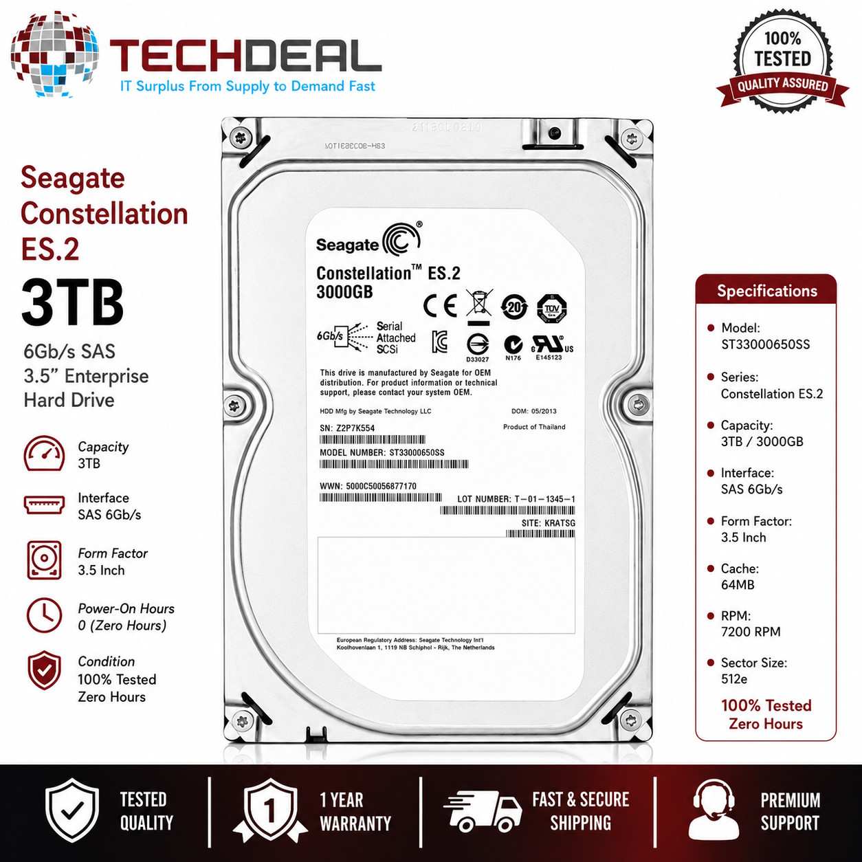 NEW Seagate Constellation ES.2 3TB ST33000650SS SAS 6Gb/s 7200RPM HDD Zero Hours