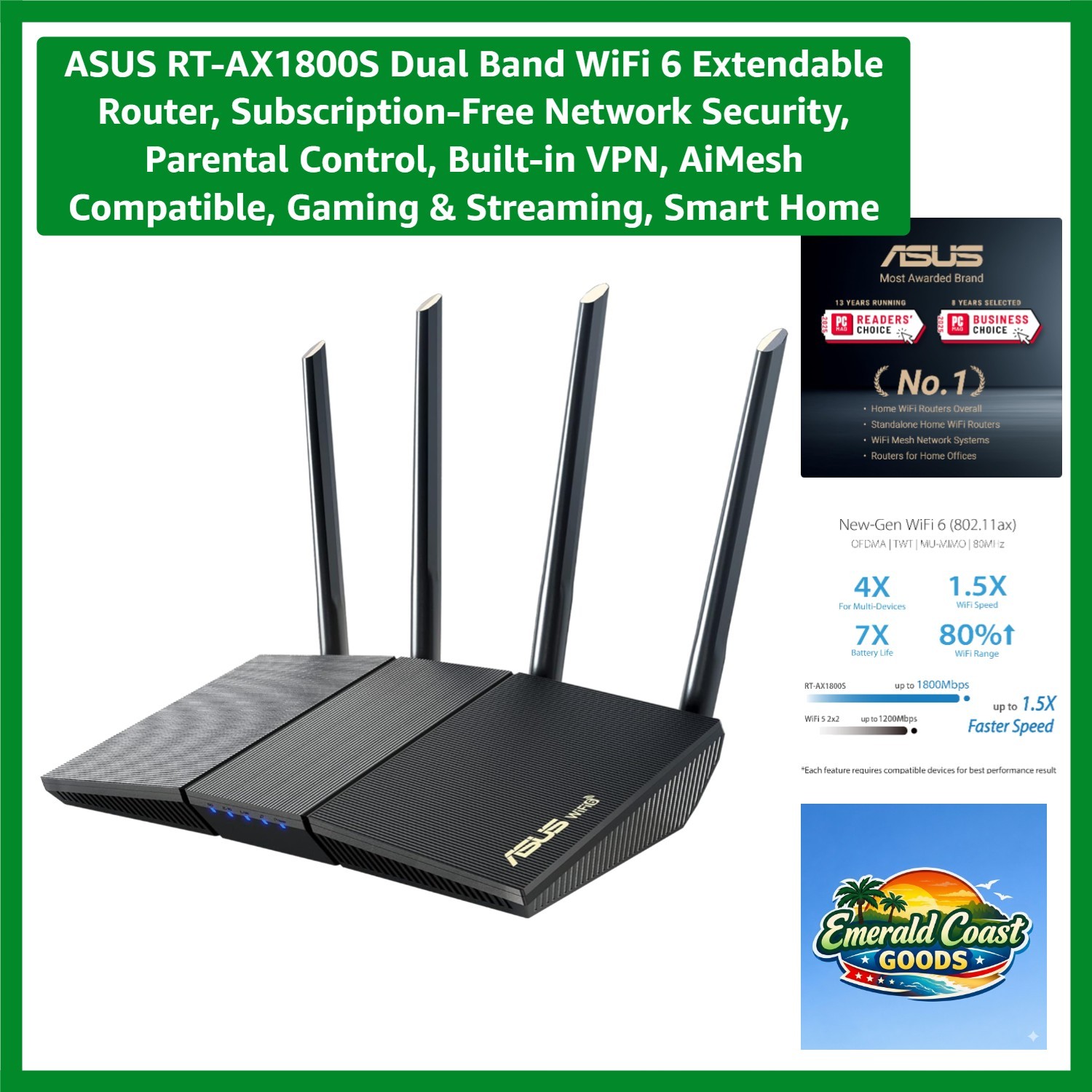 RT-AX1800S Extendable WiFi 6 Router - Secure, Fast, and Flexible Connectivity