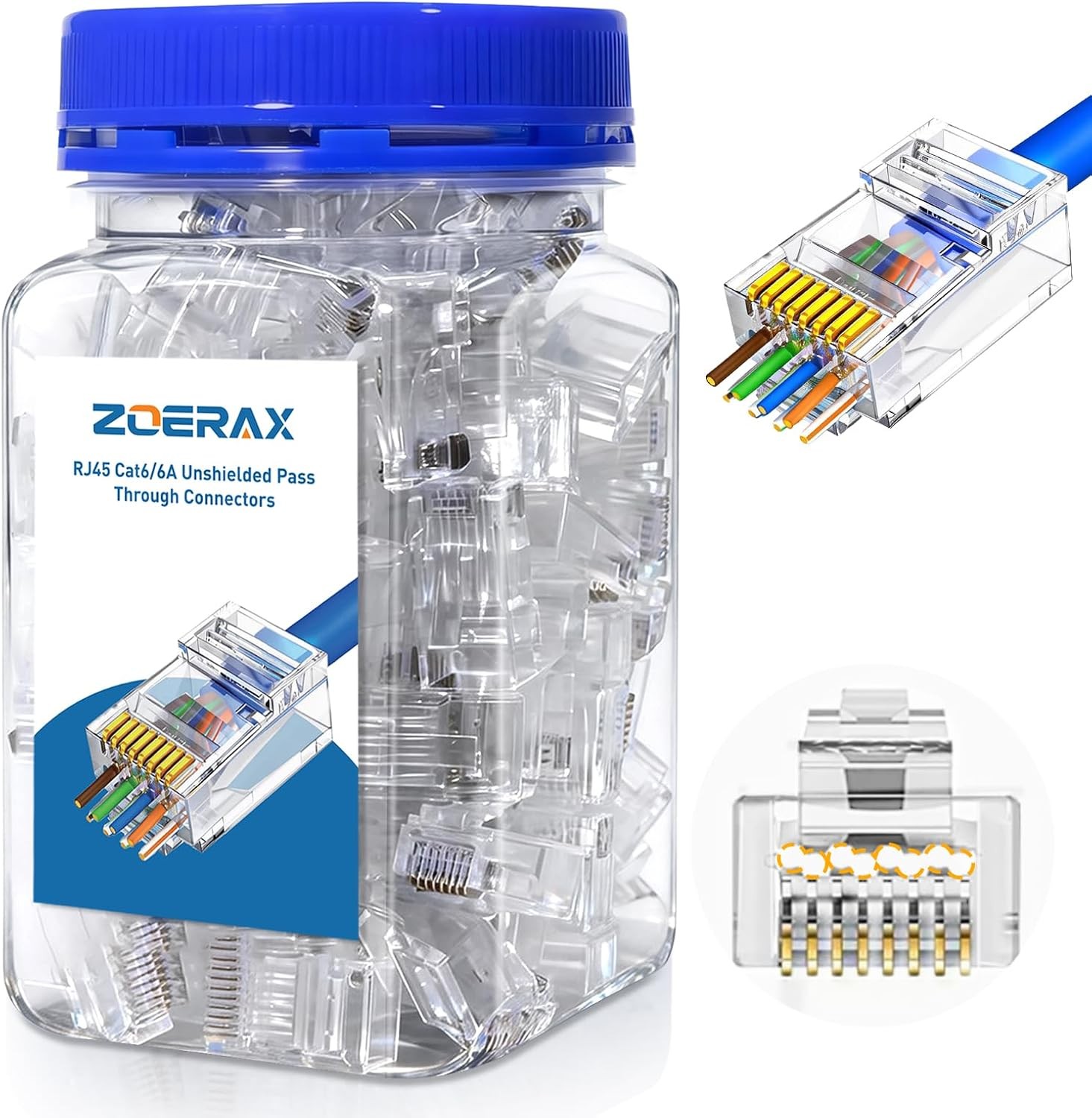 100-Pack Cat6A RJ45 Pass Through UTP Connectors | Unshielded, 1.20mm Wire OD, fo
