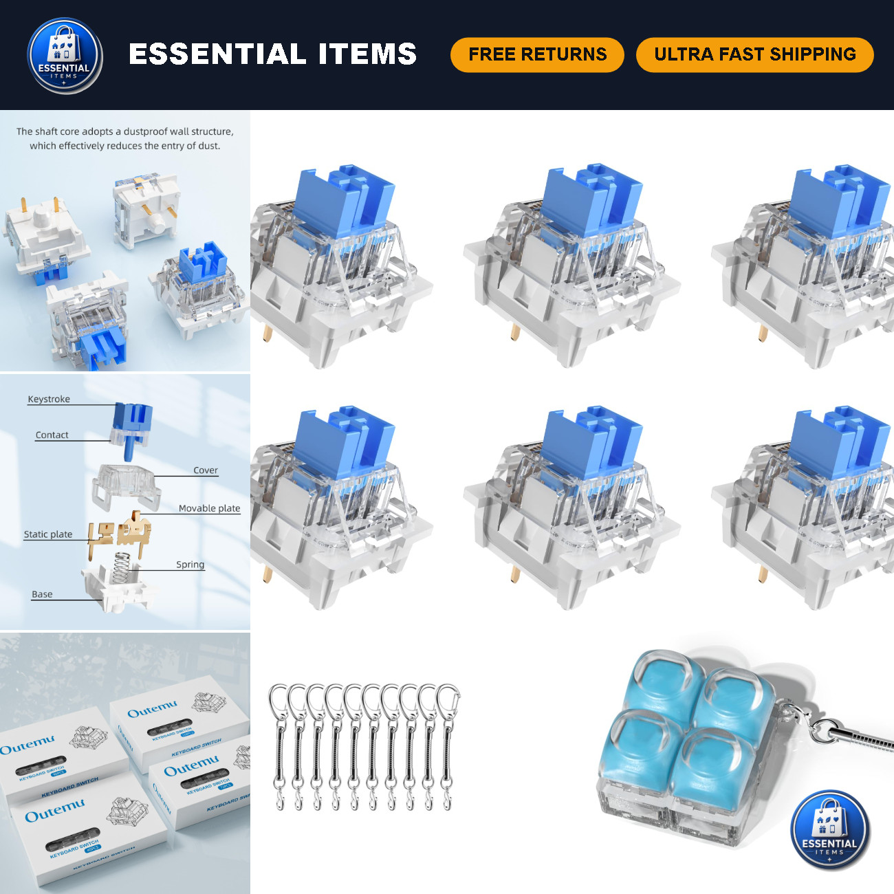 150pcs Blue Mechanical Keyboard Switches - Clicky, RGB, 3-Pin, Dustproof, DIY