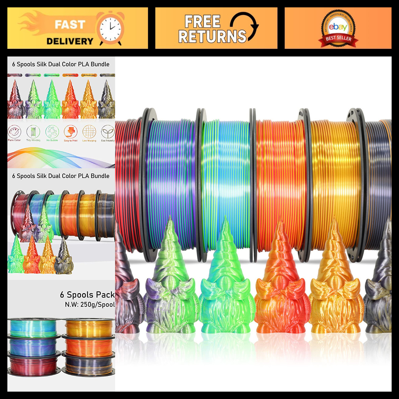 6 Spools Bicolor Dual Color 1.75mm 3D Printer Filament Bundle, Silk PLA, 250g Ea