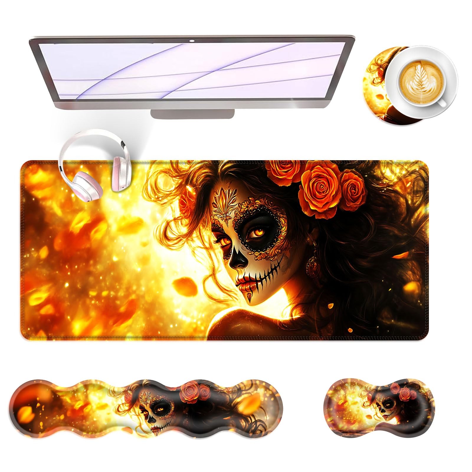 Extended Mouse Pad & Memory Foam Wrist Rest Set 31.5x11.8" Skull Rose