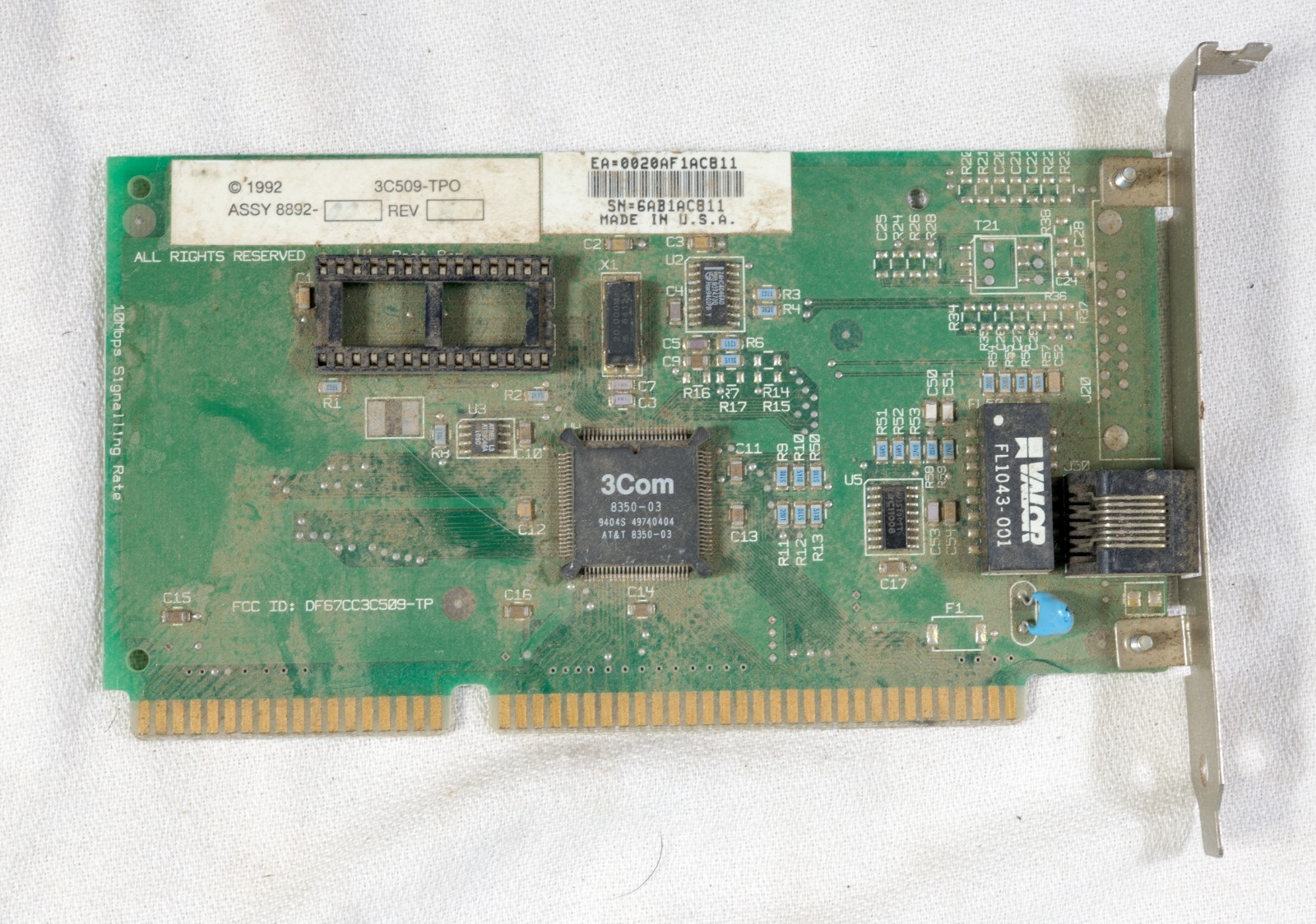 Vintage 3Com Etherlink II1 3C509-TPO 10BaseT ethernet card 16 bit ISA ISAE94
