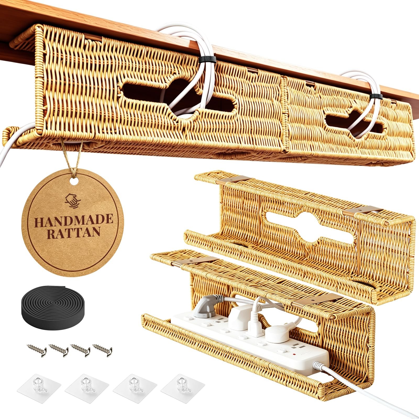 Handmade Rattan Under Desk Cable Management Tray 2 Pack, Natural