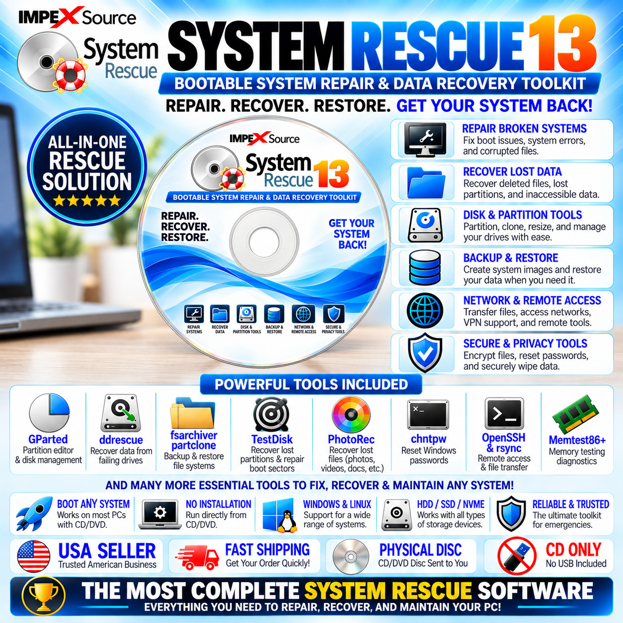 System Rescue CD PC Computer Maintenance Diagnostic Repair Data Recovery Boot CD