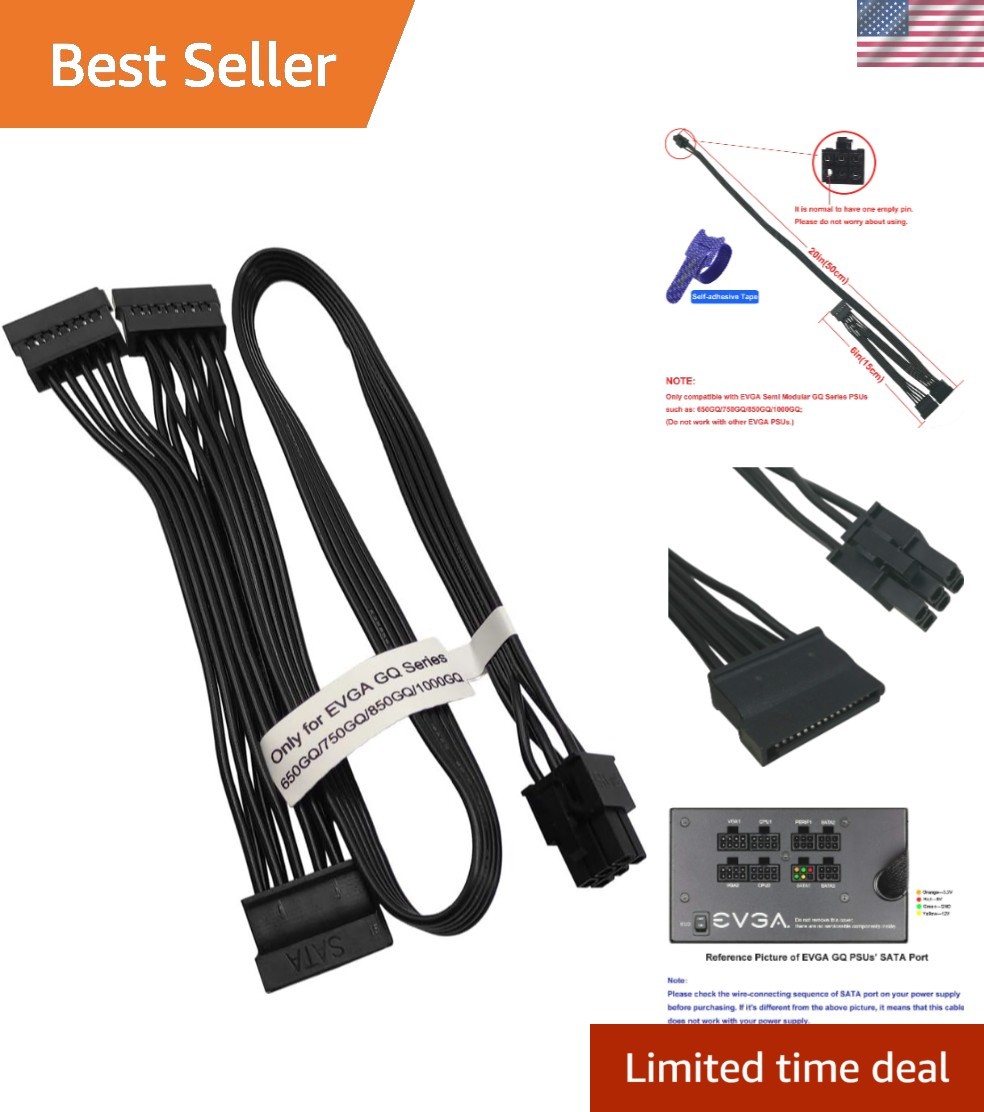 SATA Power Cable for EVGA GQ V1 Series Semi Modular PSUs, 6 Pin to 3X 15 Pin ...
