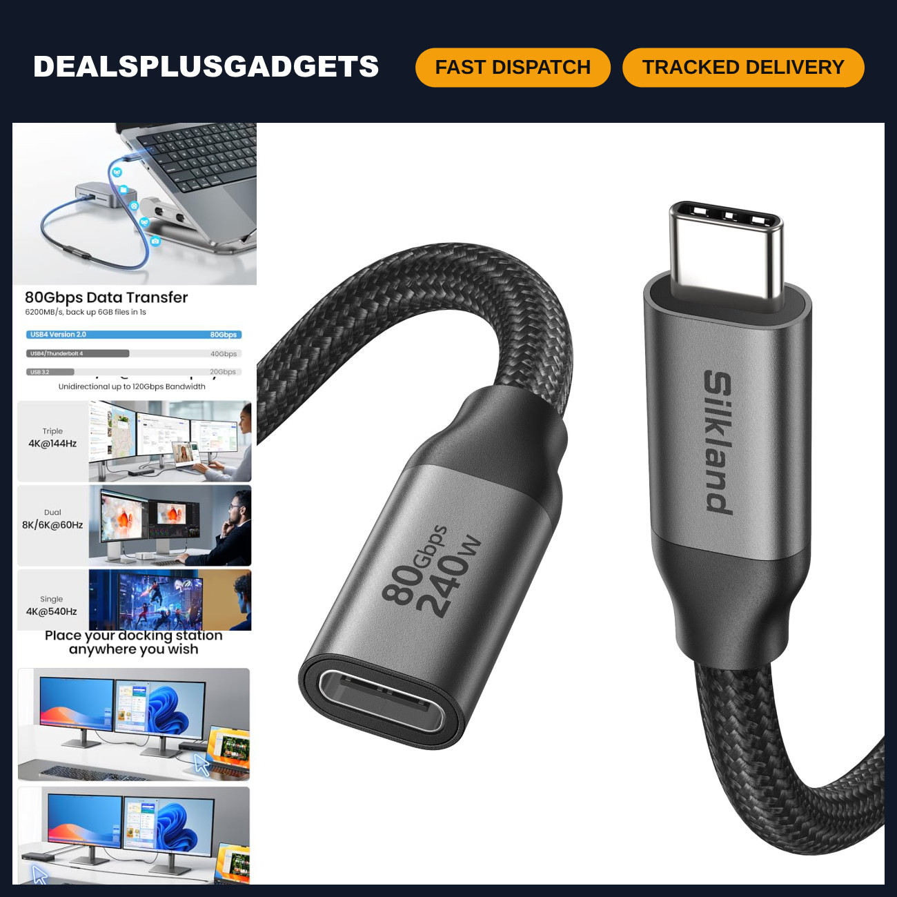 80Gbps USB4 USB C Extension Cable 240W for Thunderbolt 5/4 - 3.3FT High-Speed