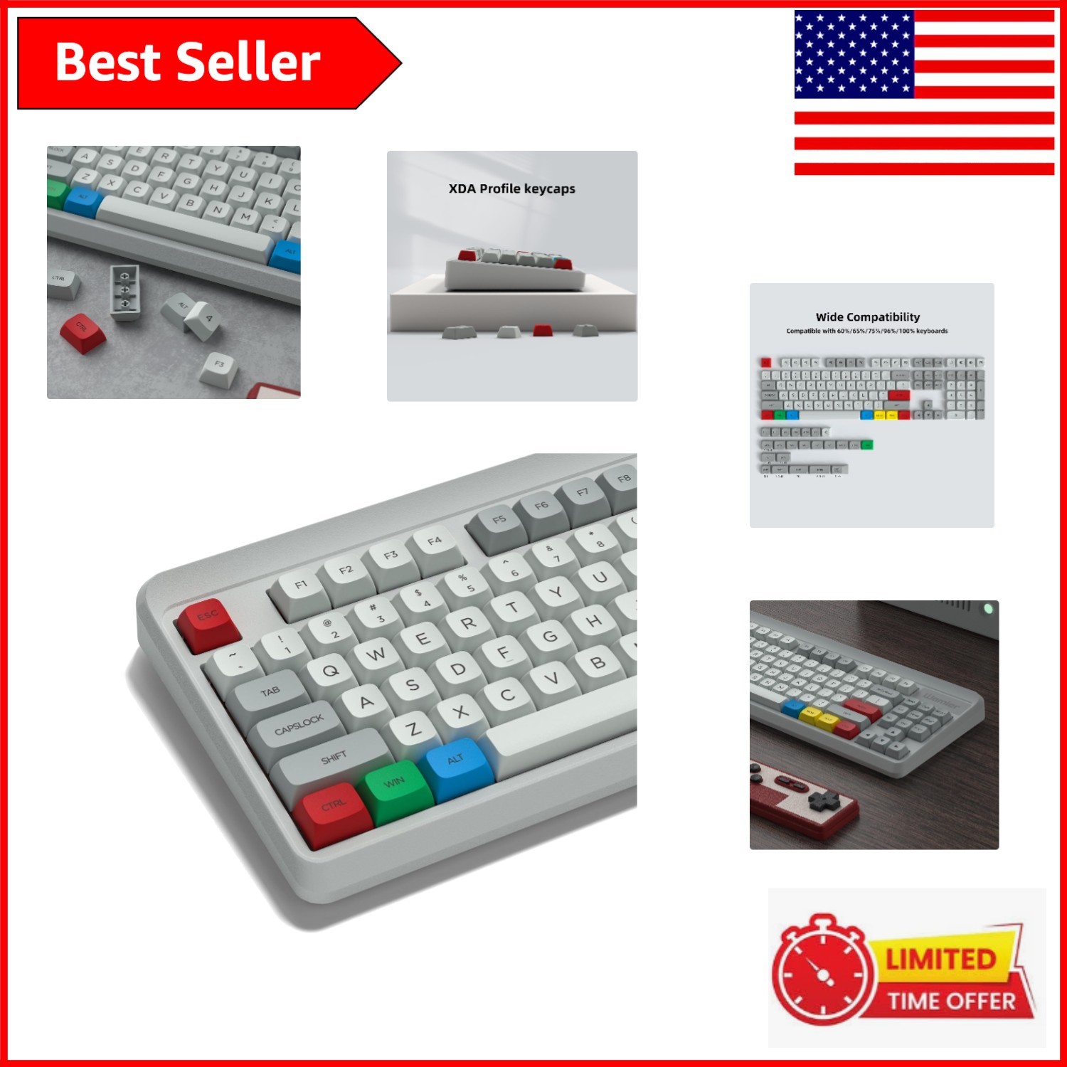 Complete 139-Key PBT Keycap Set for Mechanical Keyboards - Retro Grey/Red/Green