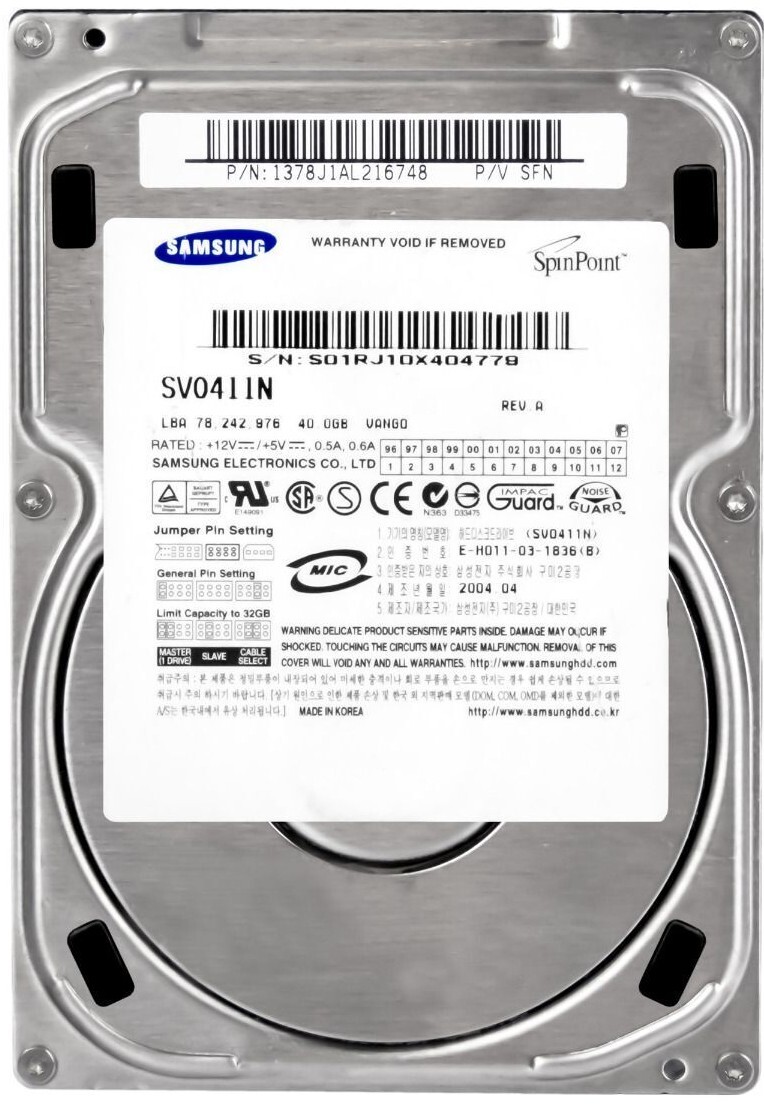HARD DRIVE SAMSUNG SPINPOINT VL40P SV0411N 40GB 5400RPM 2MB ATA IDE 3.5'' inch