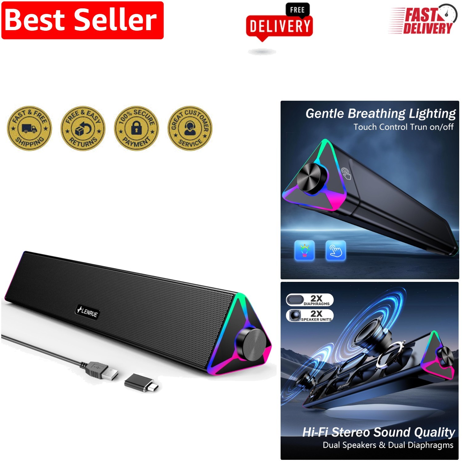 Dynamic Soundbar Speakers with USB Power & Colorful Touch Lighting, 15" Wide