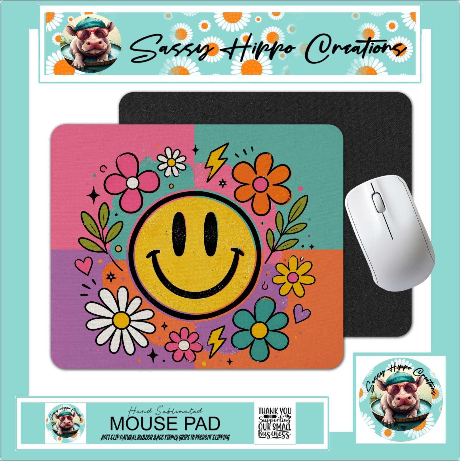 Mouse Pad Flower Power Happy Smiley Face Groovy Retro Anti Slip Easy Clean
