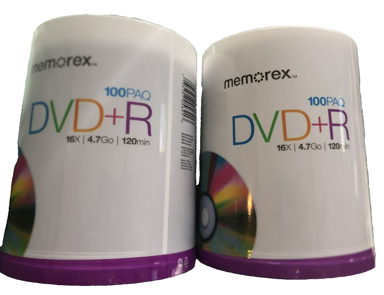BRAND SEALED NEW MEMOREX DVD+R 16X  4.7 GO 120 MIN 100 PACK SPINDLE LOT/SET OF 2