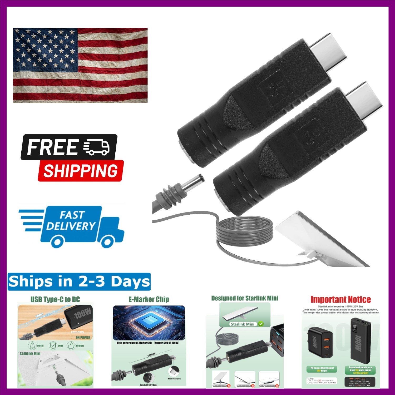Portable Starlink Mini USB C Adapter - DC 5521 Compatibility, 100W Fast Charge