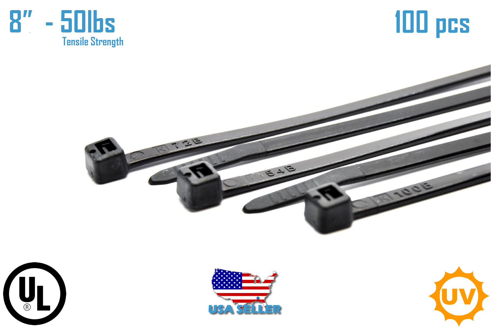 Cable Ties 8" Zip Nylon 100PCS Black Heavy Duty 50LBS UV Weather Resistant