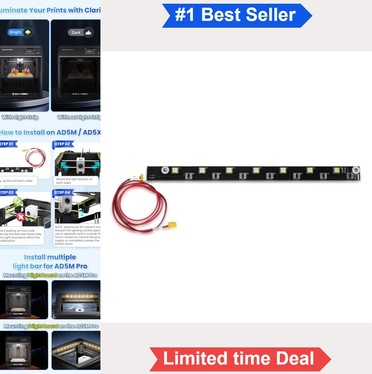 3D Printer LED Light Strip Kit 24V 7 Bead Replacement for AD5X Adventurer 5M