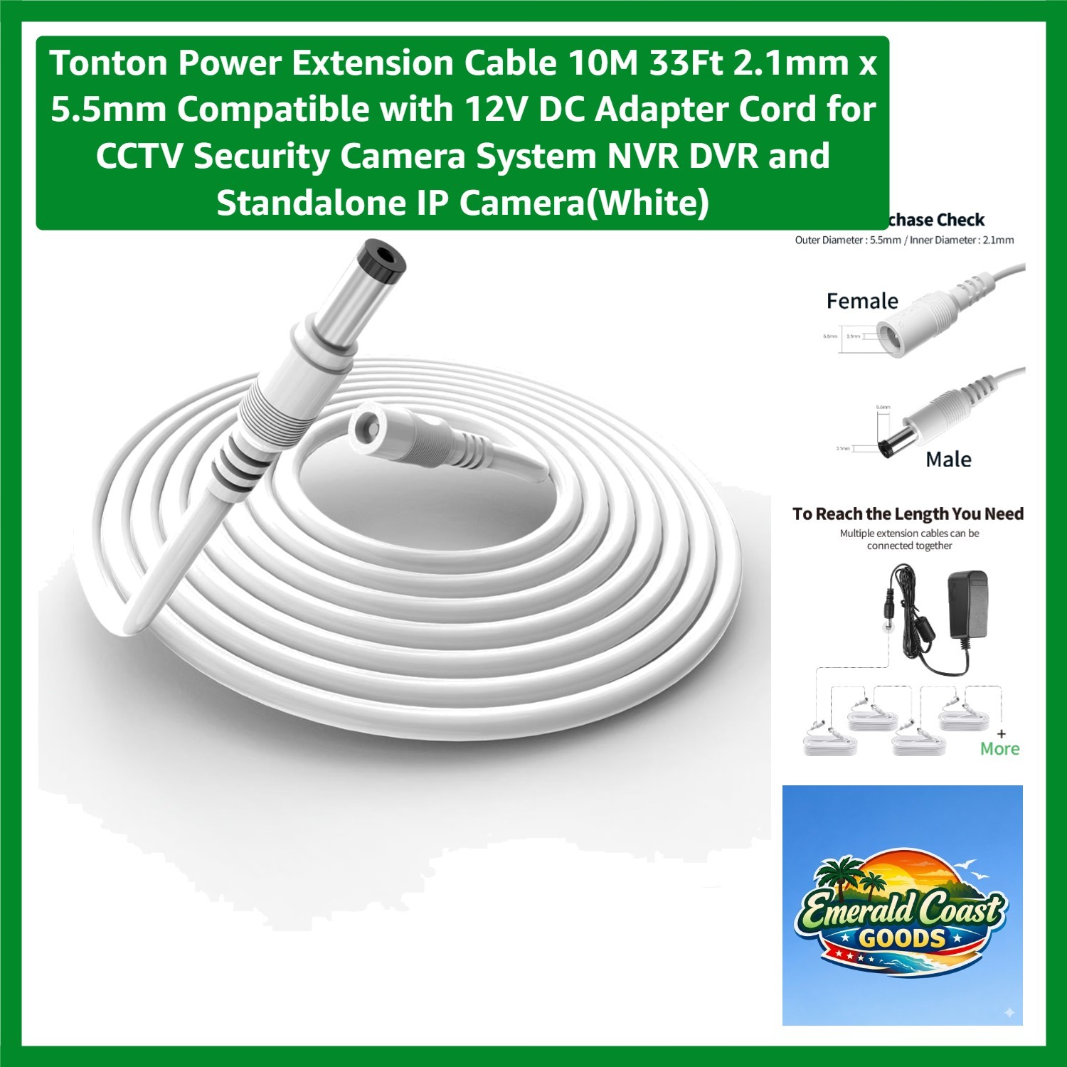 Power Extension Cable 10M 33Ft 2.1mm x 5.5mm Compatible with 12V DC Adapter C...