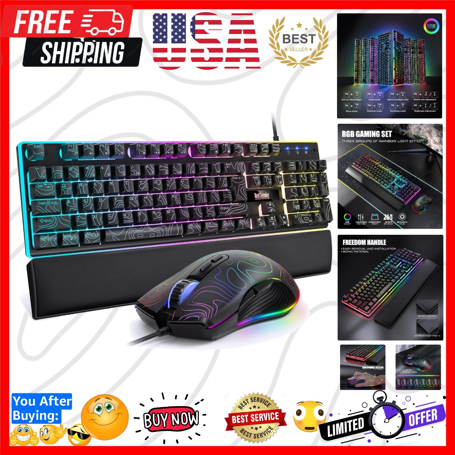 K10 Wired Gaming Keyboard & Mouse Combo with Wrist Rest, Adjustable RGB Mecha...