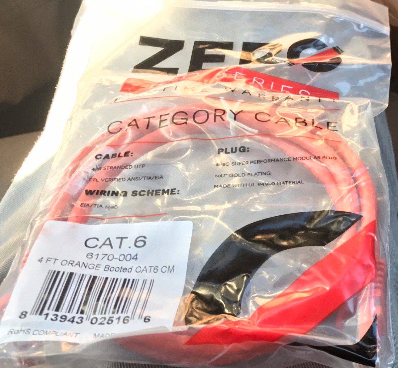 Zero Pro Series, 4 ft CAT6 patch cables, 10 pack booted orange