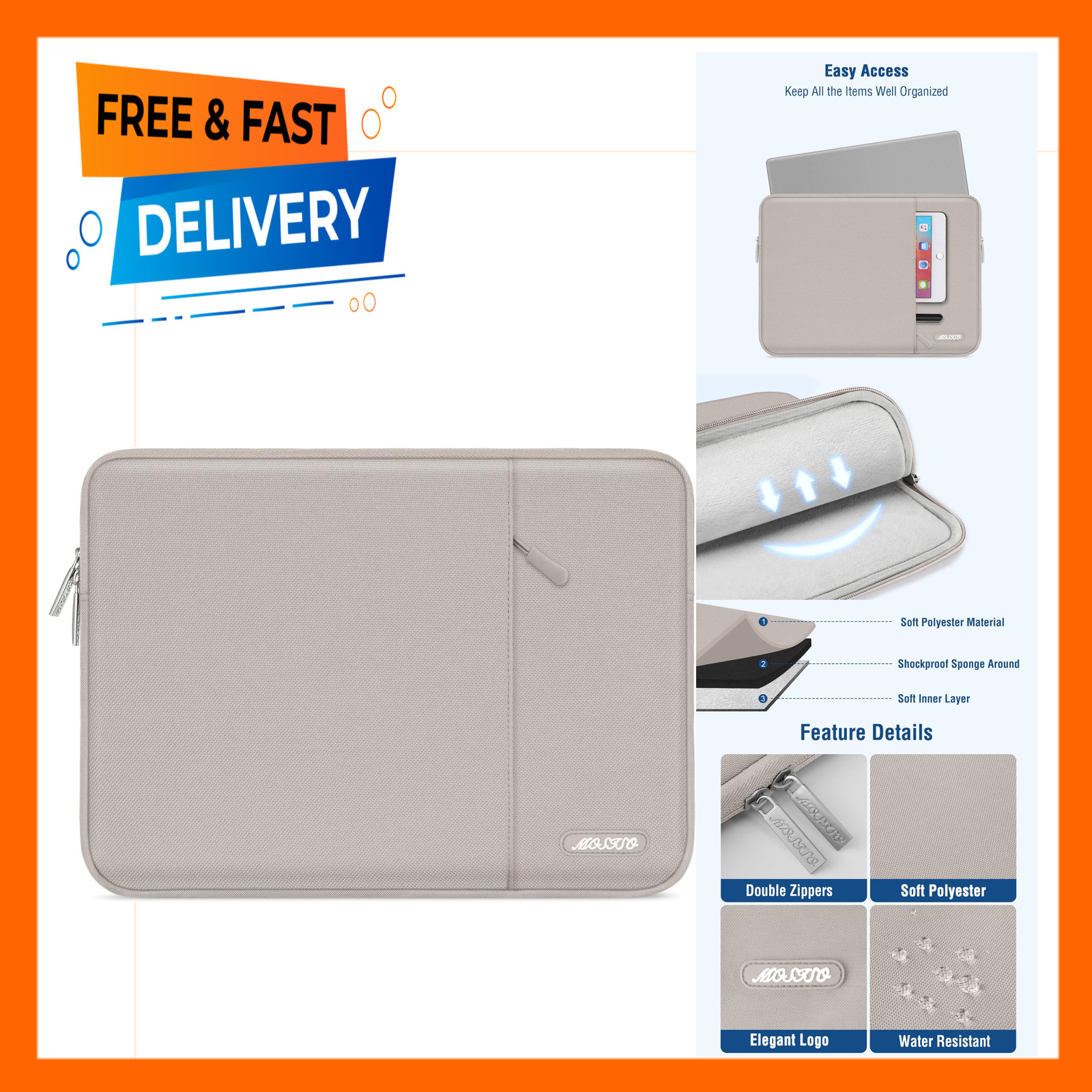 Laptop Sleeve 14 Inch Polyester Slim Lightweight with Front Pocket for