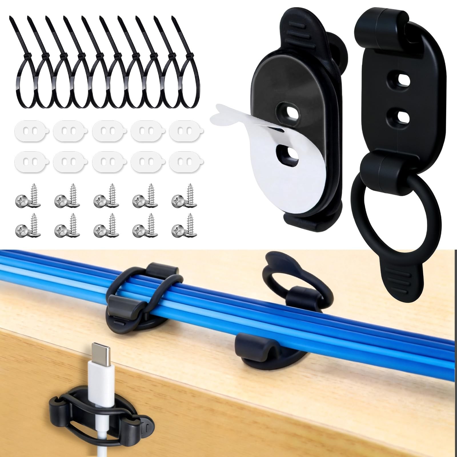 10 Pack Adhesive Cable Clips, Adjustable Cable Management Clips Black